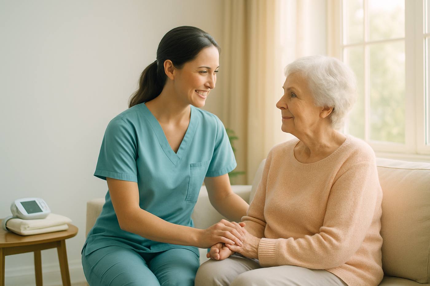 A nurse sitting with an older woman at home, holding her hand