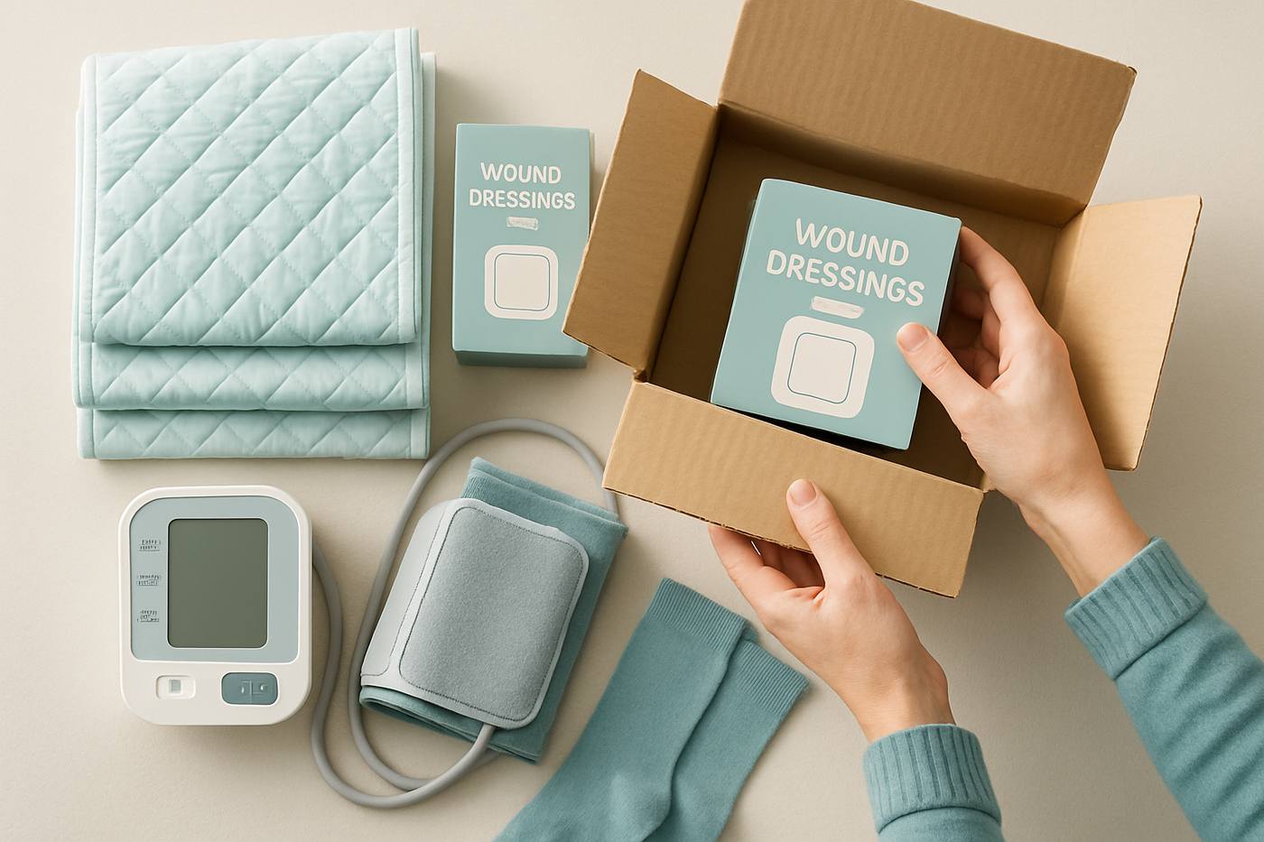Home health supplies packed neatly into a delivery box